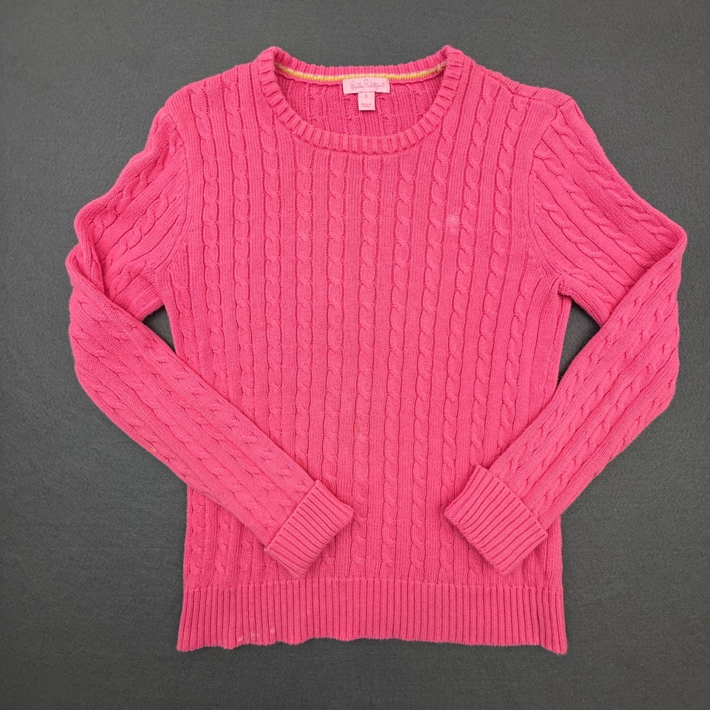Lilly Pulitzer Sweater Women Small Pink Cable Knit Cotton Crewneck‎ Long Sleeve